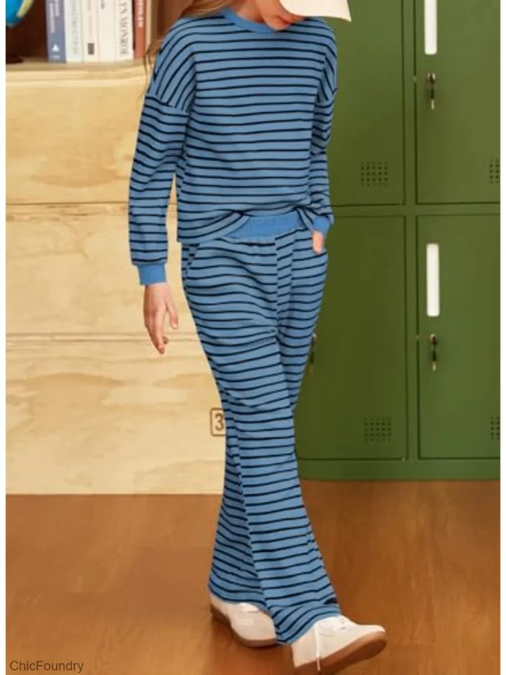 Girls Long Sleeve Striped Outfit Set Waffle Knit Size 6-15